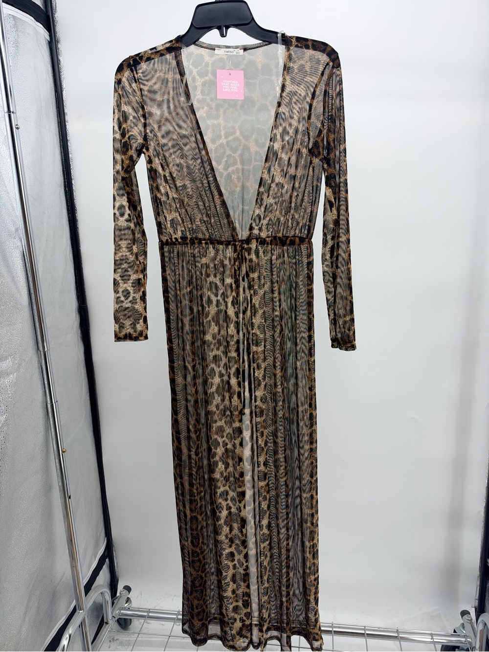 Sheer Long Sleeve Leopard Maxi Dress - Brown